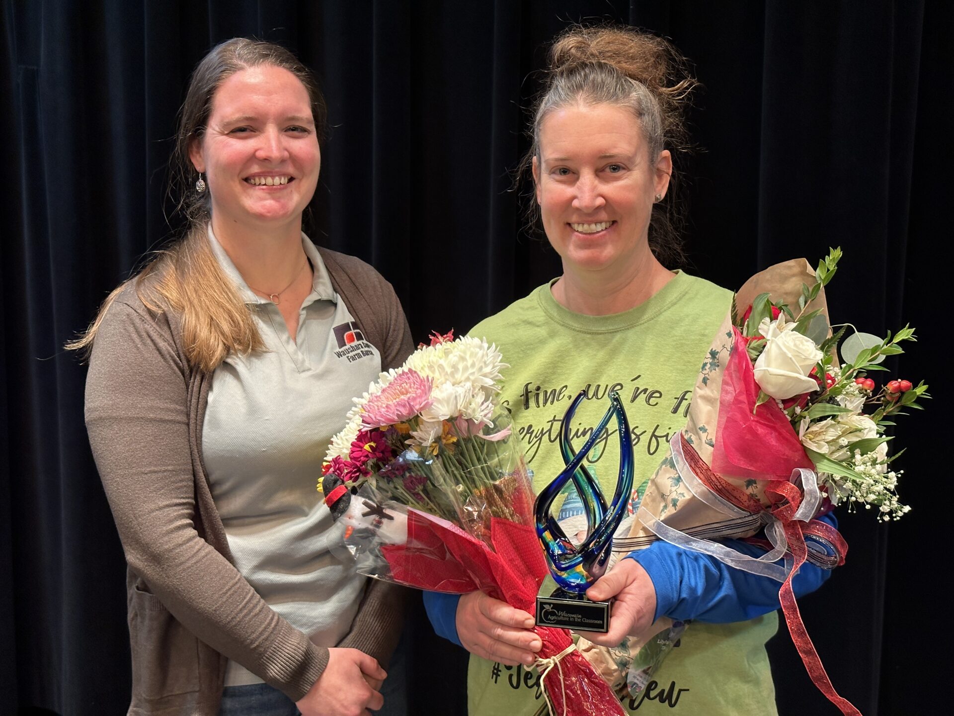 Jessica Rettler (right) was named Wisconsin Farm Bureau’s Ag in the Classroom program’s Outstanding Teacher of the Year Award Winner, presented by Lynn Leahy (left), Waushara Ag in the Classroom Committee member. 